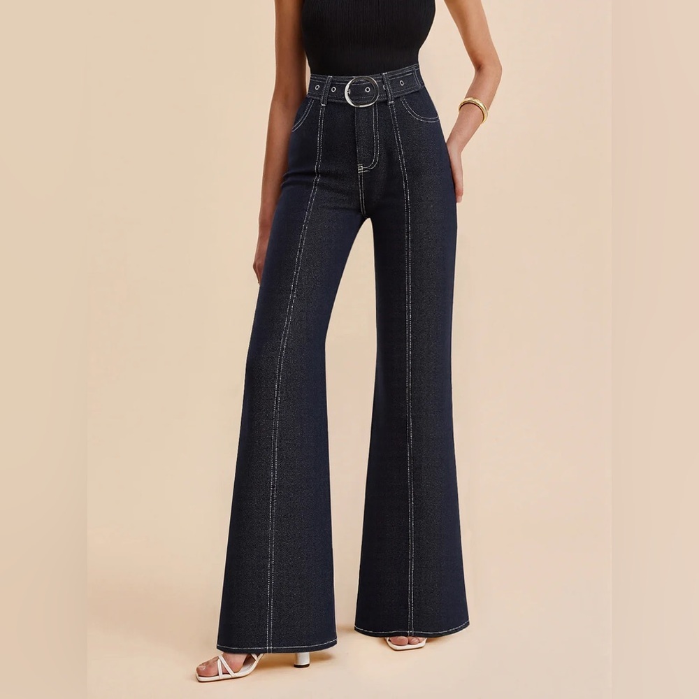 Commense Dk Blue High-Rise Flare Jeans w/ White Stitching & Belt Size XS NWT